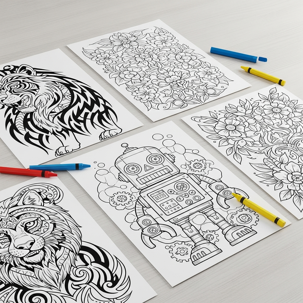 A top-down angled sketch of several different tattoo coloring pages spread out, featuring robots, animals, and patterns, with crayons nearby.