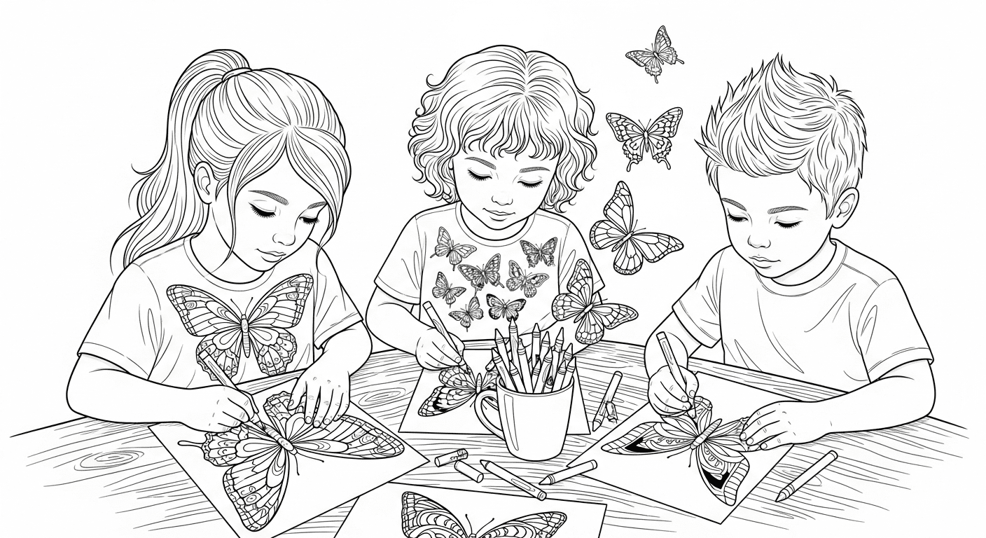 Black and white line drawing of children coloring butterfly pages at a table with crayons.