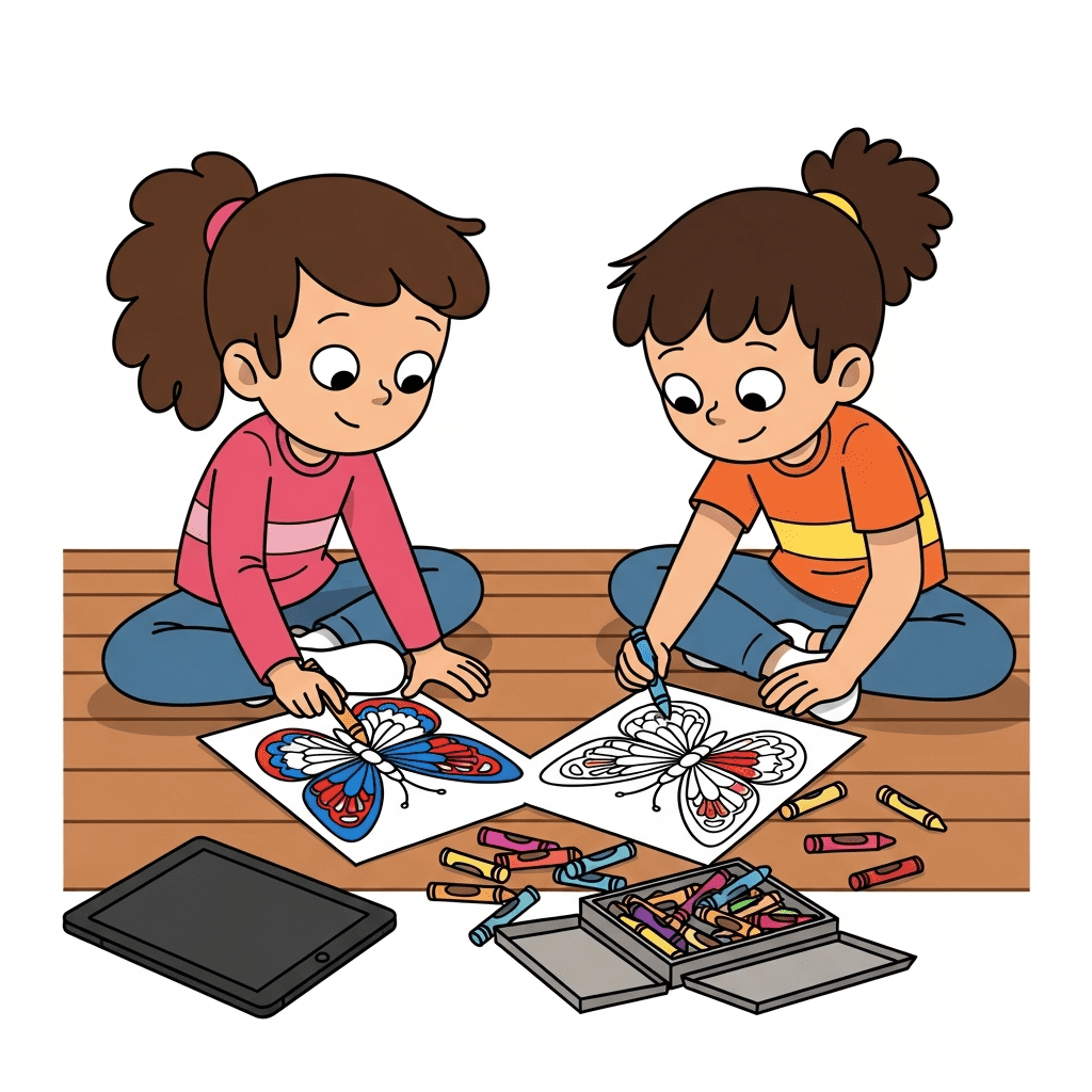Two children happily coloring butterfly pages together in a black and white line drawing.