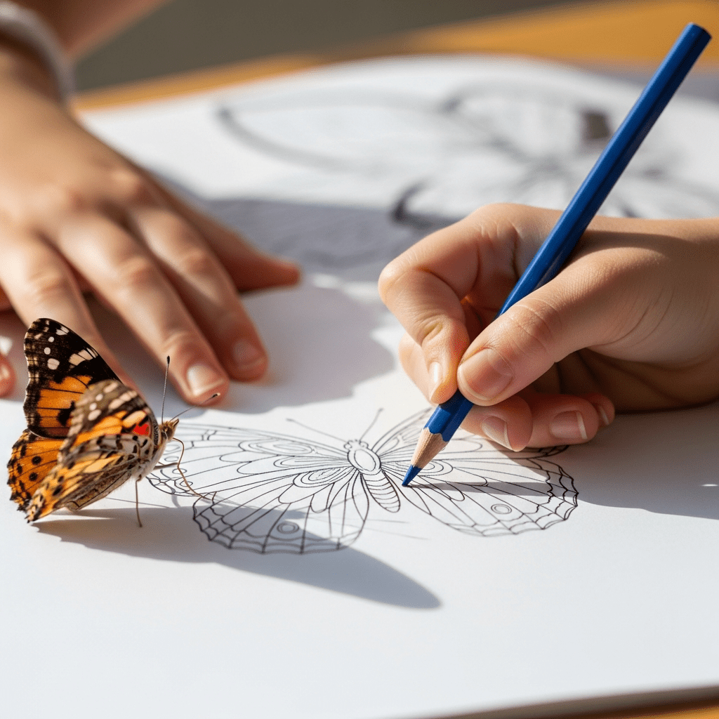 Close-up sketch of a child's hands carefully coloring a butterfly wing with a pencil.