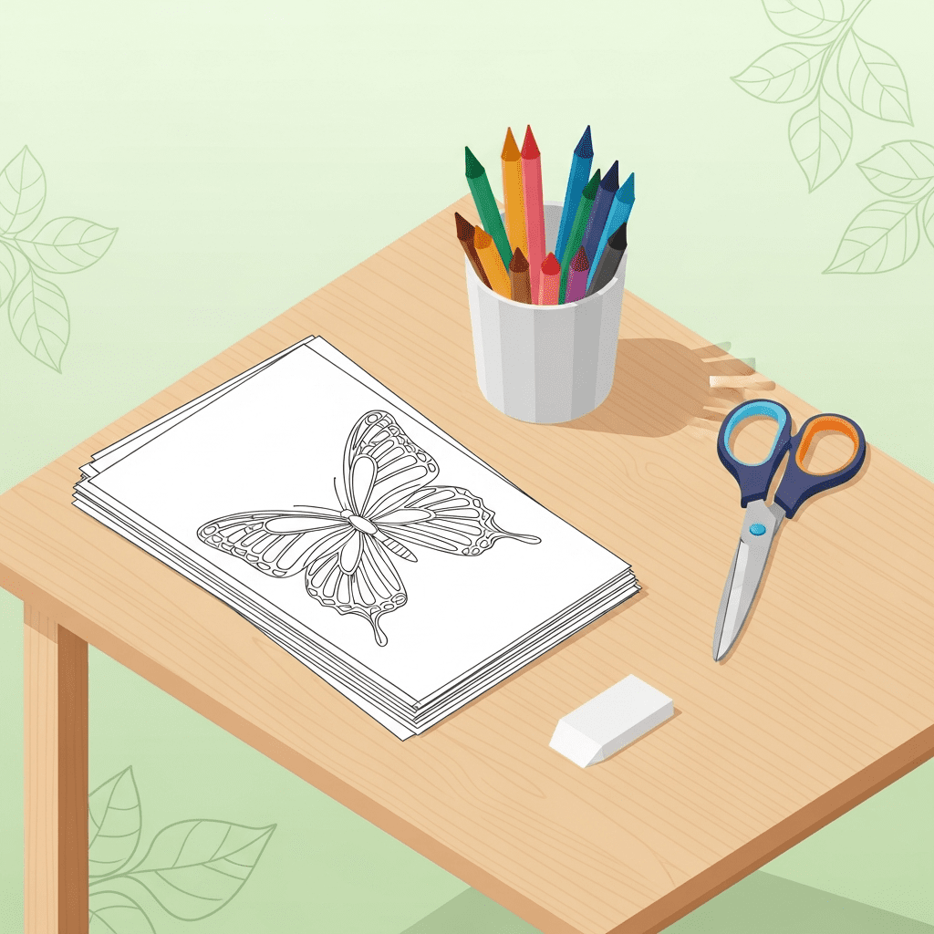 Cozy isometric sketch of a table with coloring pages, crayons, and light leaf outlines.