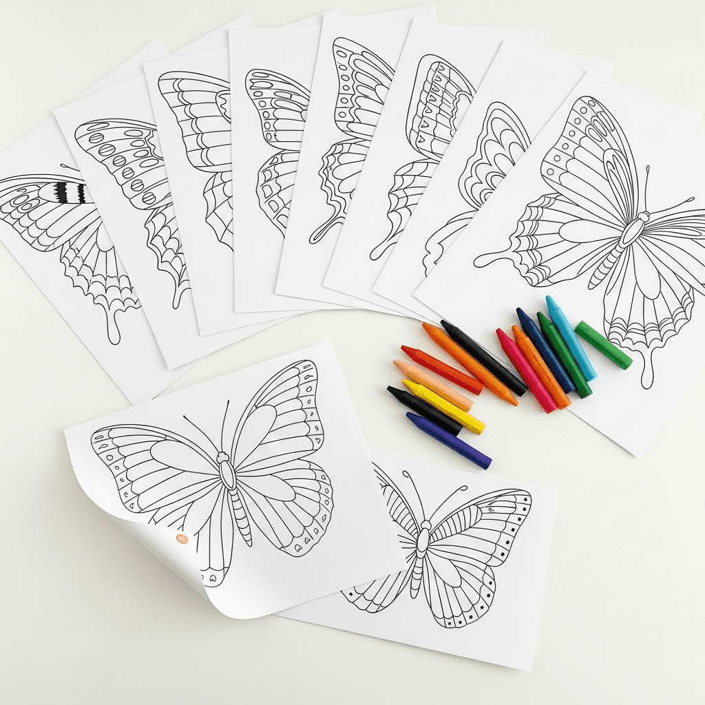 Top-down angled sketch of multiple butterfly tattoo coloring pages and crayons on a table.