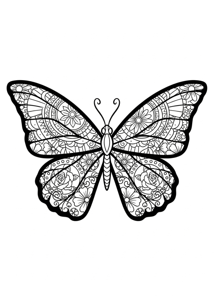 A black and white line art drawing of a decorative butterfly with mandala and floral patterned wings, designed as a kids' printable coloring page.