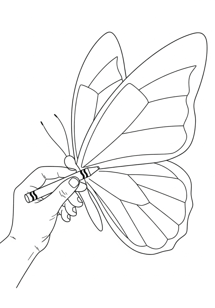 Close-up sketch of a child's hand coloring a patterned butterfly wing with a crayon, highlighting an educational and creative activity for kids.