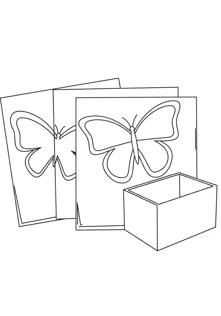 A minimalist black and white sketch of three printable butterfly coloring pages and crayons on a table, representing a simple, screen-free quiet time activity for children.