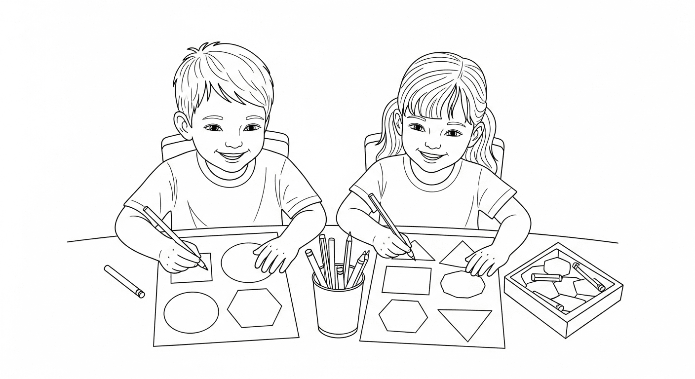 Line art drawing of two children coloring geometric shape coloring pages at a table with crayons.