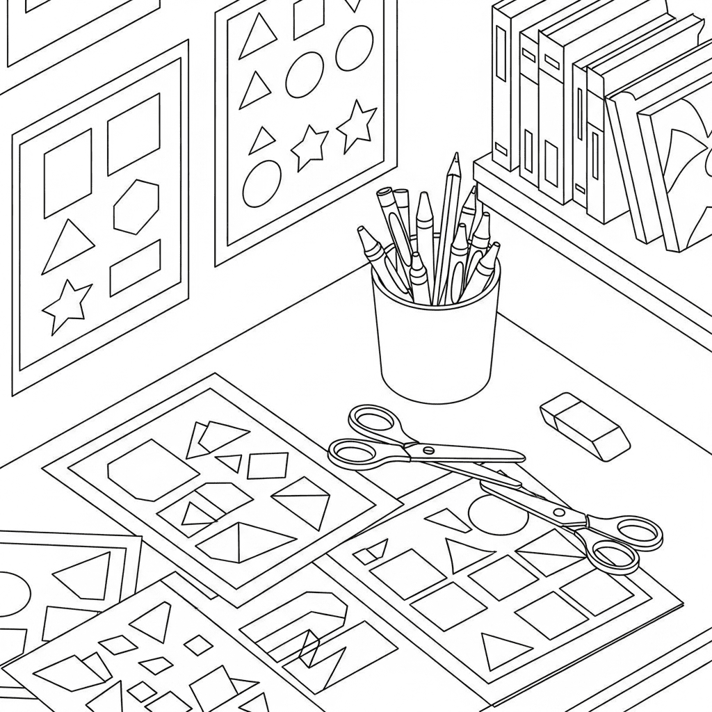 Isometric top-view drawing of a desk with printable coloring pages, crayons, scissors, and shape-themed posters.