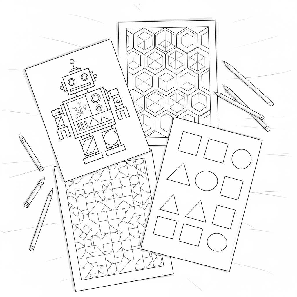 Top-down angled sketch of multiple geometric shape coloring pages fanned out next to pencils and crayons.