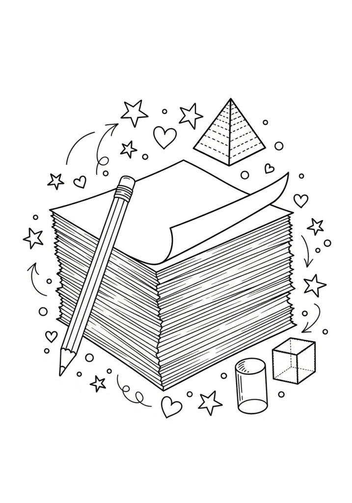 Bold line art of a curled printable coloring page on top of a stack, with a pencil and shape doodles.