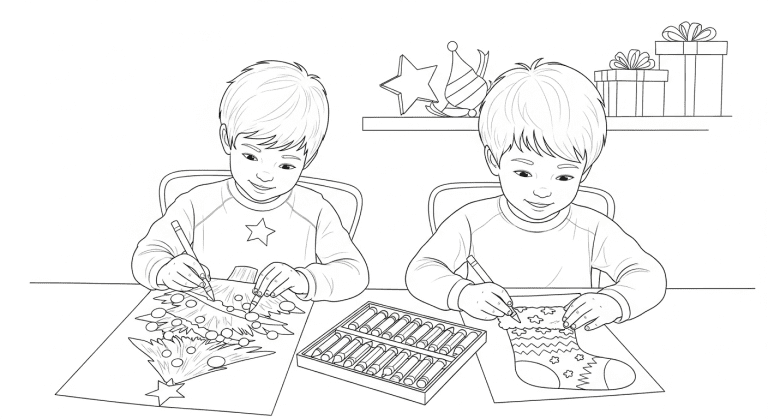 Black and white line art sketch of happy children coloring Christmas pages together at a table.
