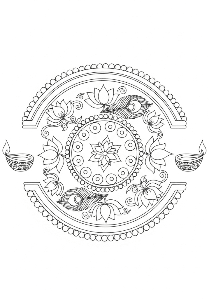 Black and white line art drawing of a traditional Indian rangoli pattern with diyas and flowers.