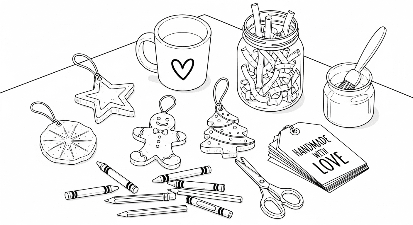 Line art sketch of a DIY Christmas gift crafting table with ornaments, mason jars, printable pages, and art supplies.