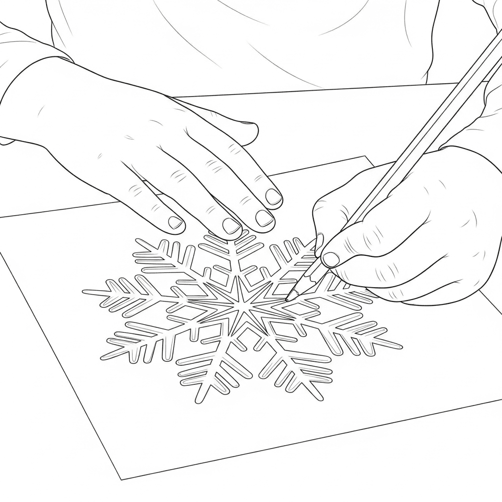 Close-up sketch of a child's hand coloring a detailed snowflake ornament with a pencil.