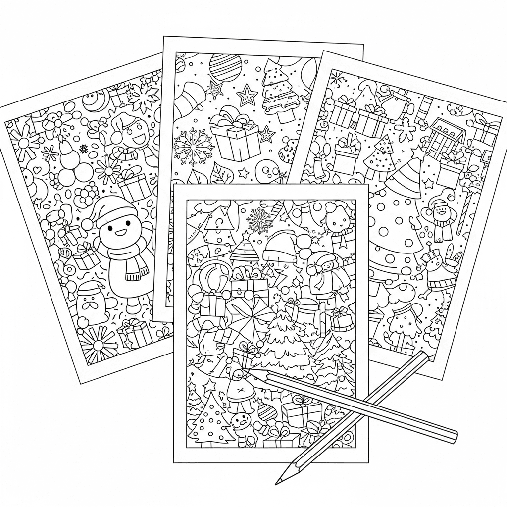 Overhead line art sketch of assorted Christmas coloring pages and pencils laid out on a table.