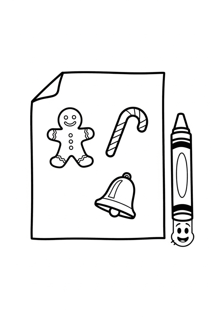 Black-and-white sketch of a slightly curled coloring sheet with doodles and a crayon, suggesting a download.
