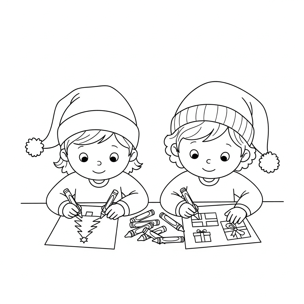 Line art of two kids coloring Christmas-themed pages together at a table with crayons.