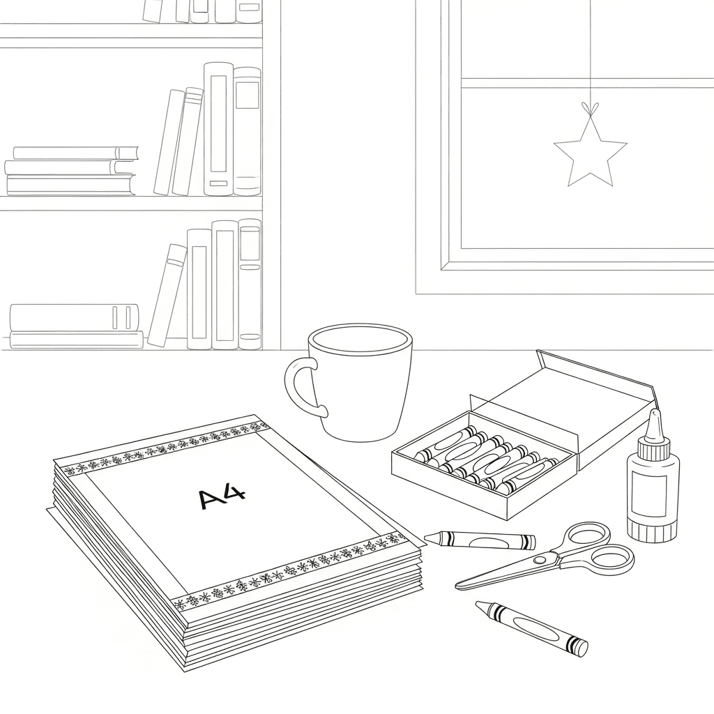 Line drawing of a cozy desk with holiday printables, crayons, scissors, and a warm drink.