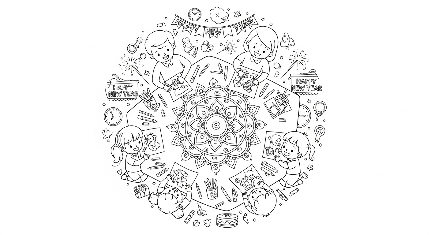 Black and white line drawing of kids and parents coloring rangoli pages together with crayons and pencils.