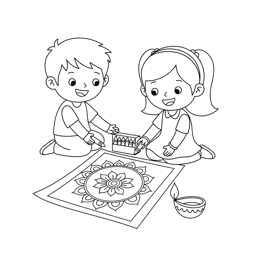 Simple line art of two kids coloring a rangoli sheet on the floor, sharing a box of crayons.