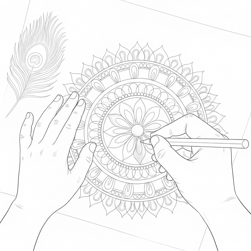 Close-up contour drawing of a child's hands coloring a detailed rangoli pattern with a pencil.