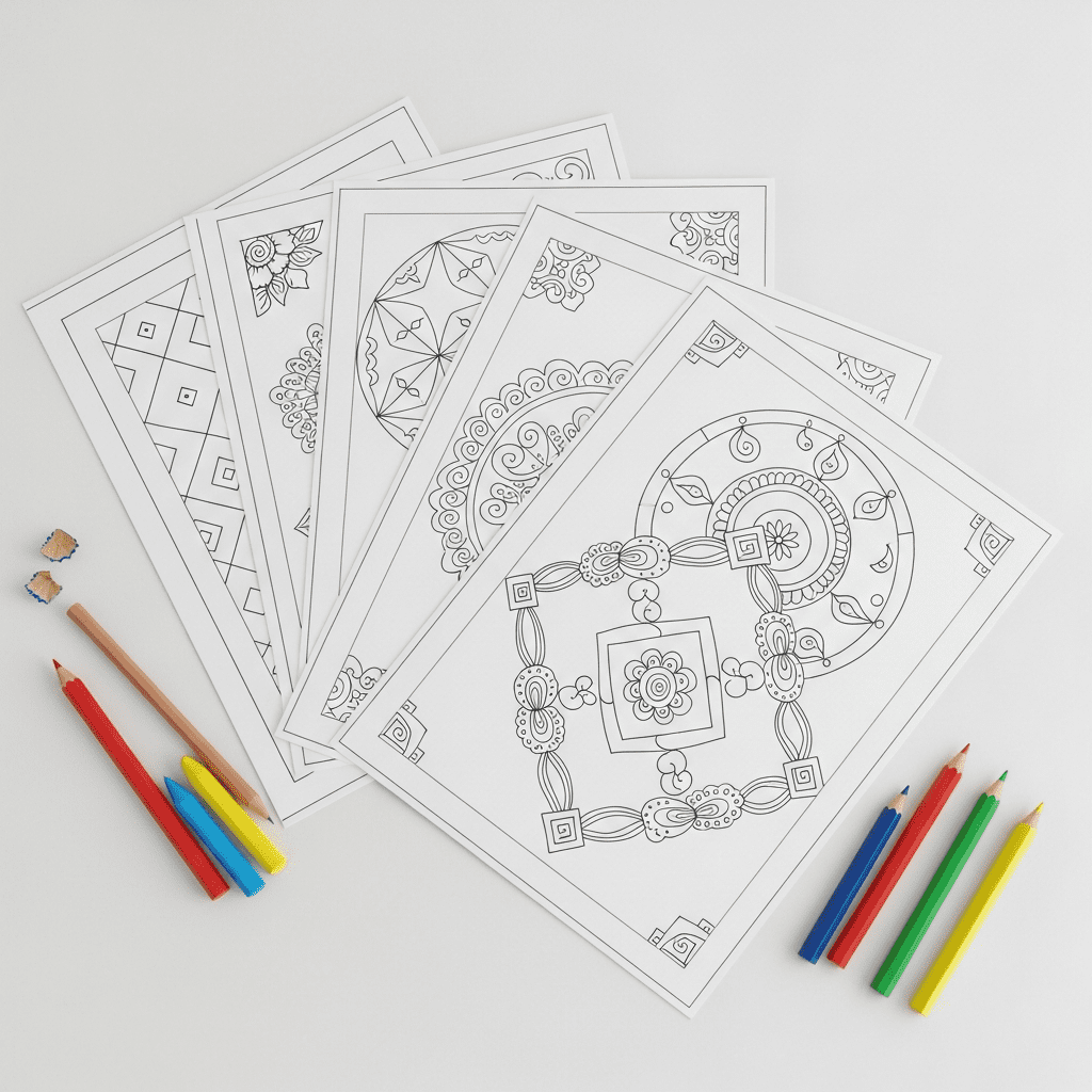 Top-down angled line drawing of several rangoli coloring pages fanned out neatly next to crayons.