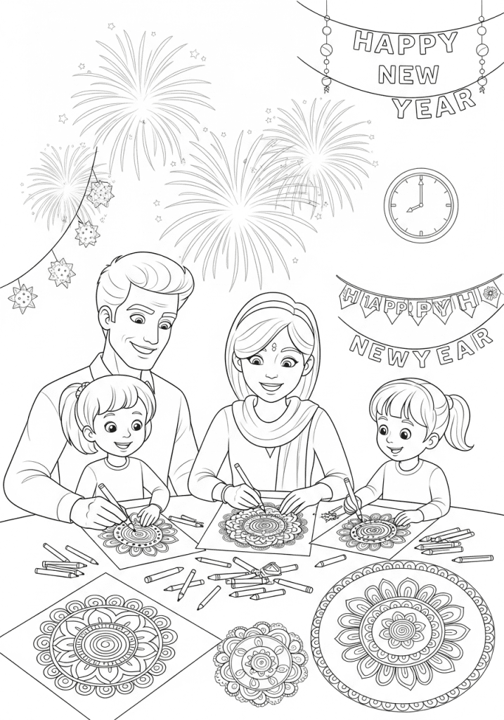 Black and white sketch of family coloring rangoli designs with fireworks and clock decorations