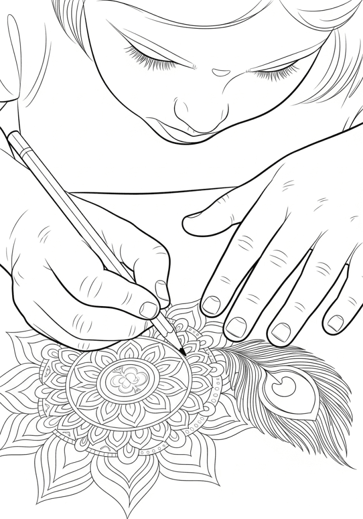Close-up sketch of child's hands carefully coloring intricate rangoli mandala design with pencil