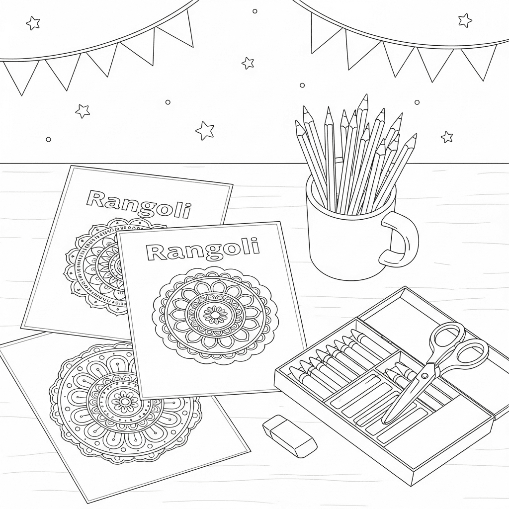 Isometric top-view sketch of a table with coloring pages, crayons, and festive New Year decorations.