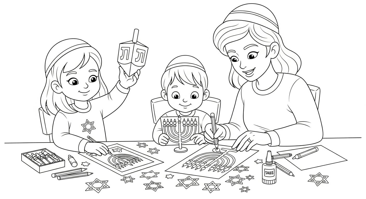 Black and white sketch of a family crafting Hanukkah decorations at a table with dreidels and paper stars.