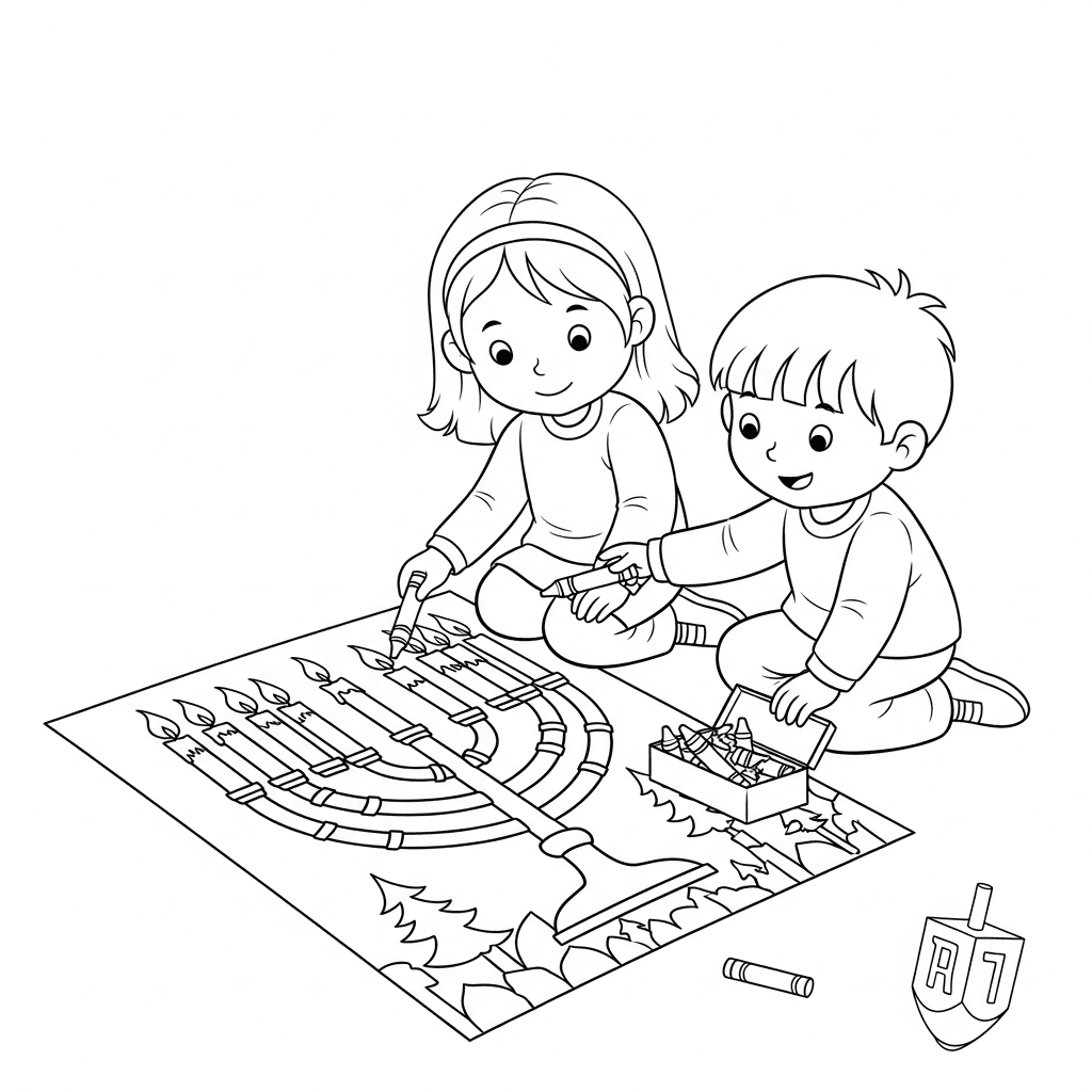 Line art of two kids coloring a Hanukkah menorah on a big sheet of paper on the floor.