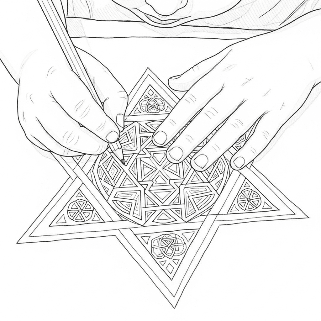 Close-up contour drawing of hands coloring a Star of David with a crayon.