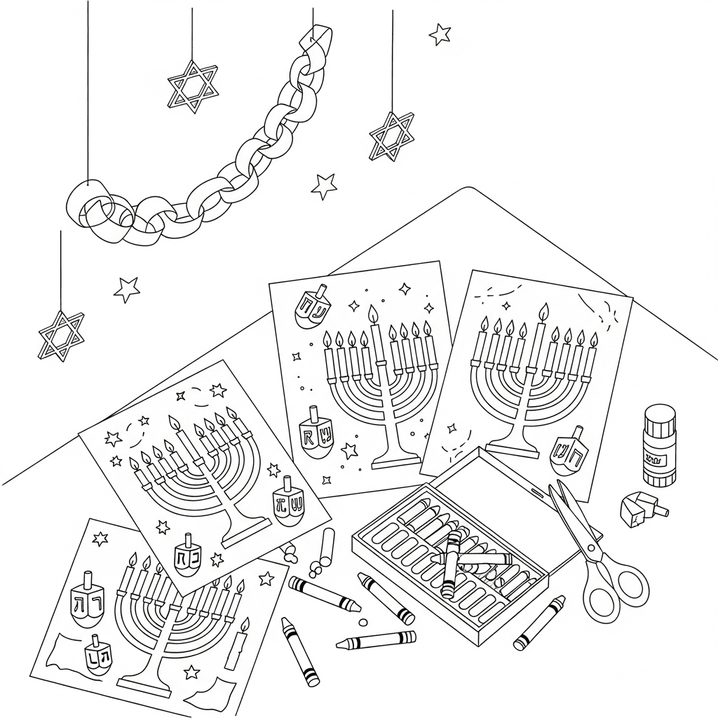 Isometric line drawing of a craft table with Hanukkah coloring pages and supplies.