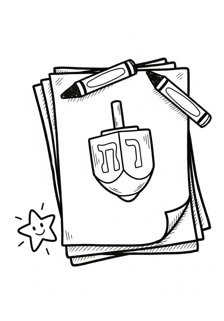 Line art sketch of a stack of paper with a dreidel drawing on the top sheet and crayons.
