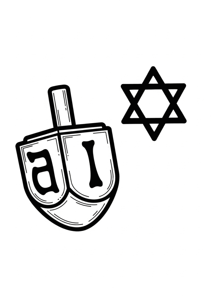 Black and white line art of a Hanukkah dreidel and a Star of David.