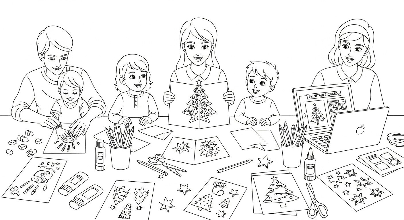 Black and white sketch of a family and teacher making Christmas cards with craft supplies at a table.