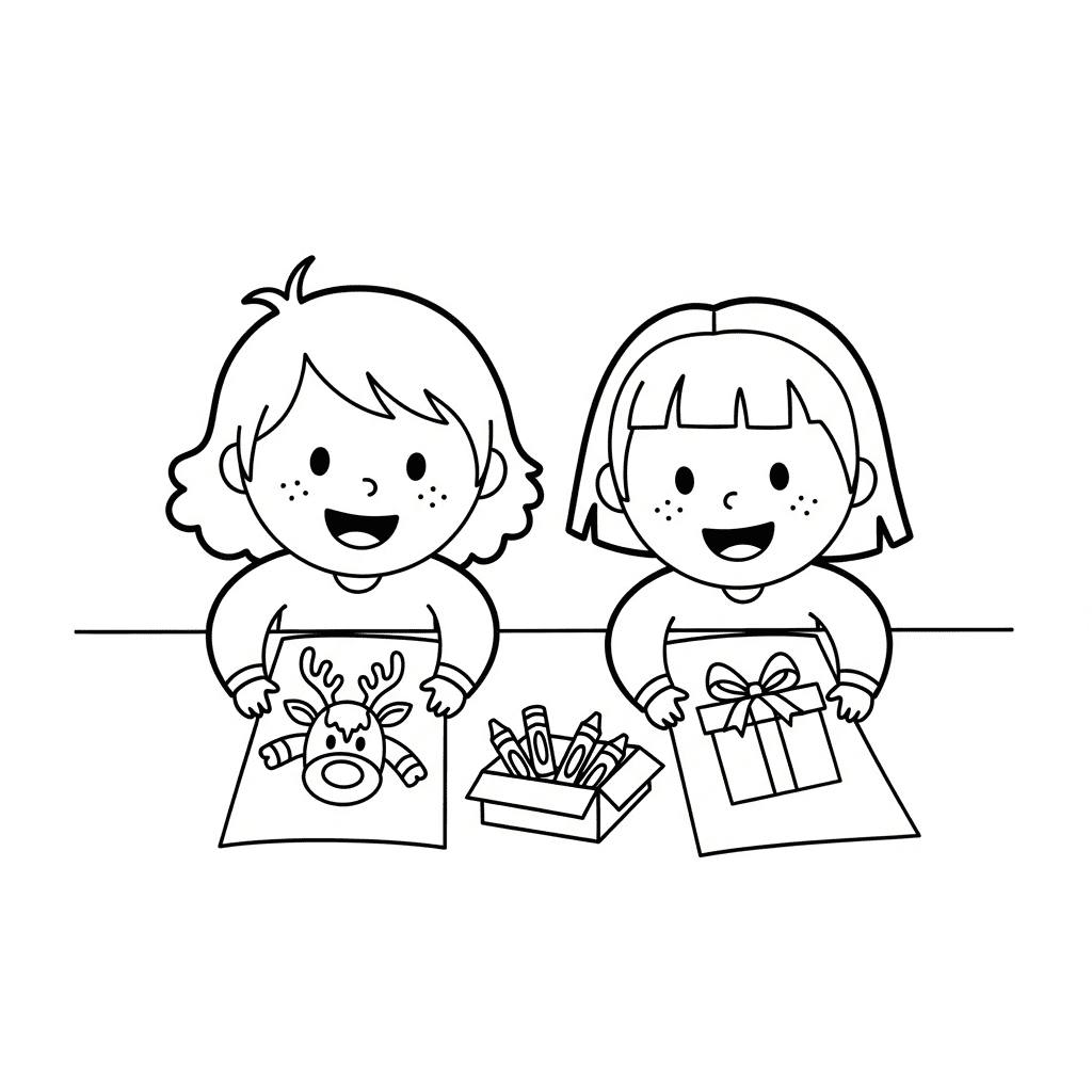 Line art drawing of two happy kids coloring Christmas-themed pages at a table.