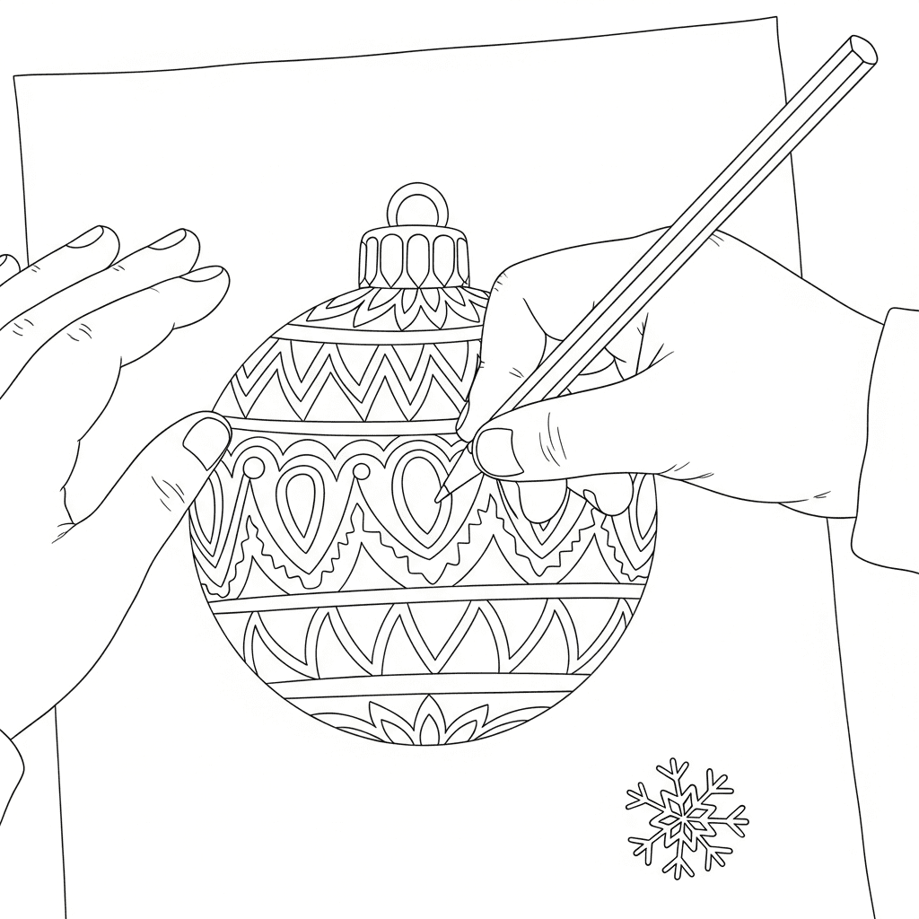 Close-up sketch of a child's hands coloring a detailed Christmas ornament with a colored pencil.