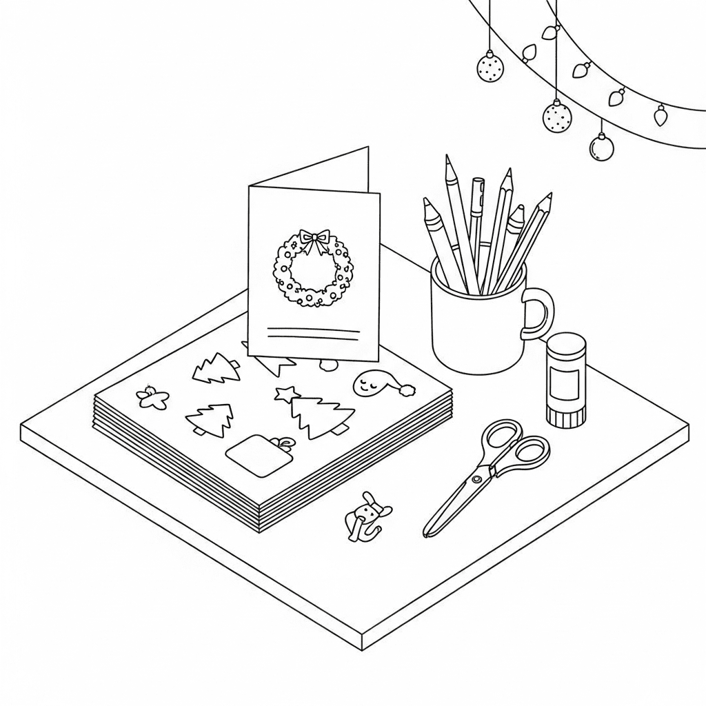 Isometric sketch of a table with Christmas printables, crayons in a cup, and scissors.