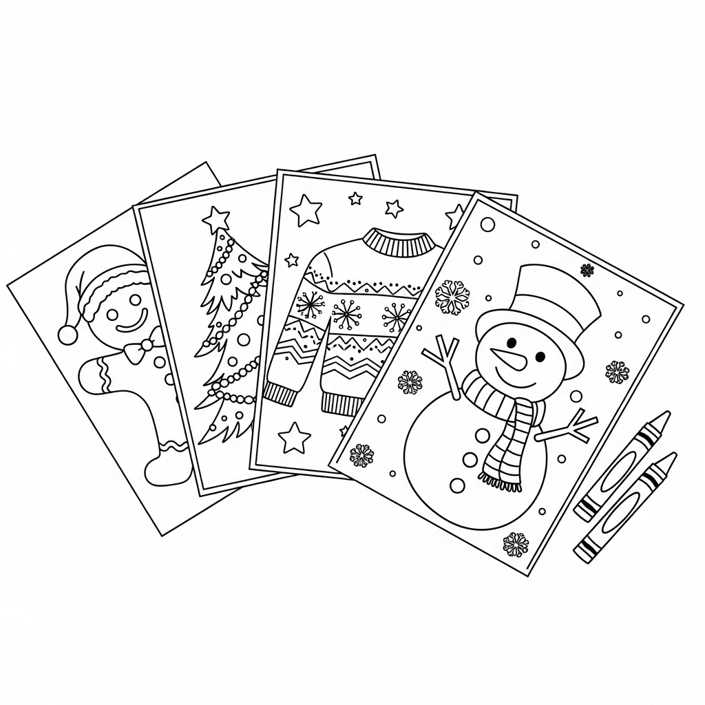 Top-down angled line drawing of fanned Christmas coloring pages next to crayons.