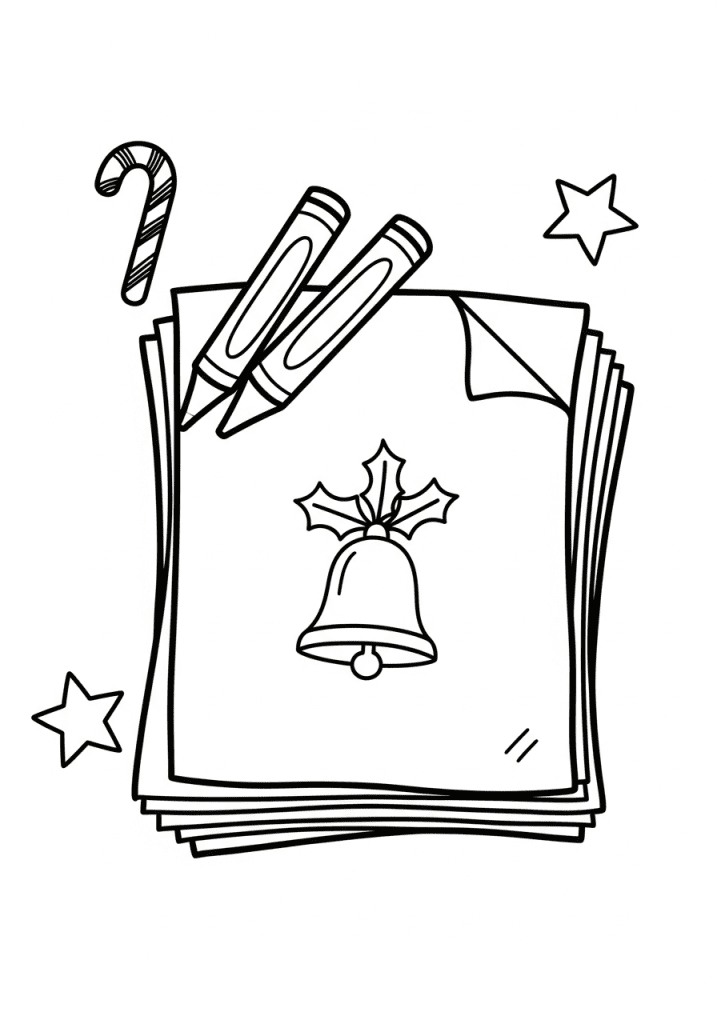 Black line art of a curled printable page with crayons and festive doodles like a candy cane.