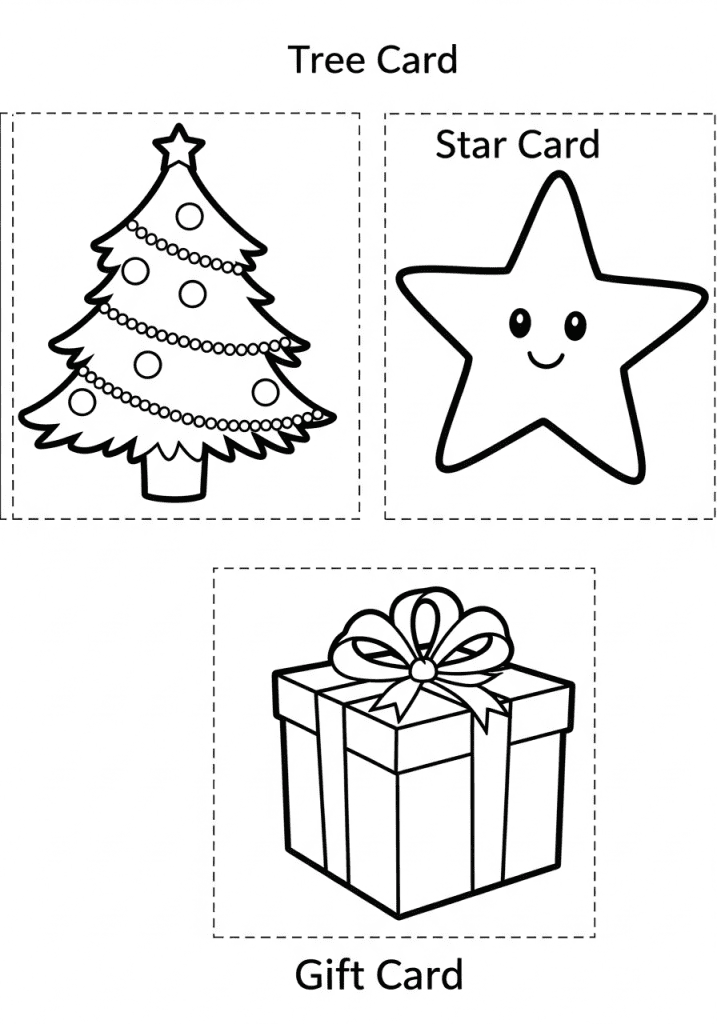 Black and white sketch sheet showing three simple Christmas card ideas: a tree, a star, and a gift.