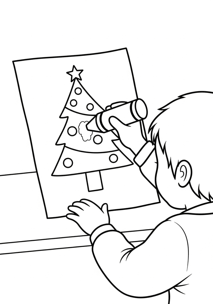 A child using a big crayon to color a simple Christmas tree card outline in a coloring book style.