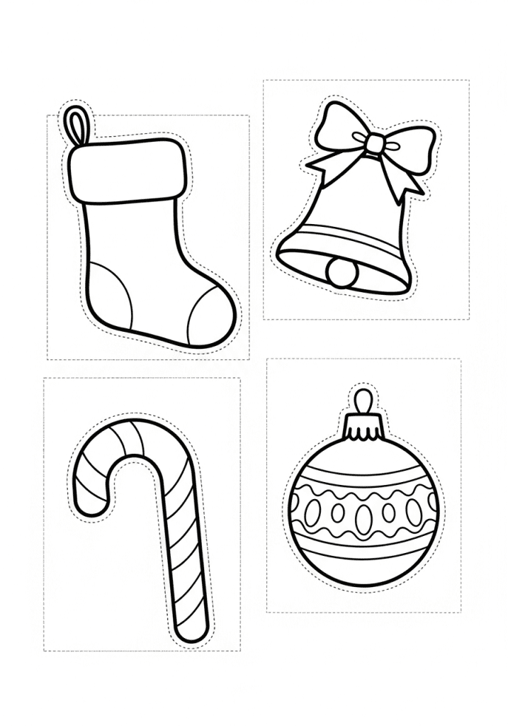 Line art collection of basic Christmas shapes: stocking, bell, candy cane, and ornament for card making.