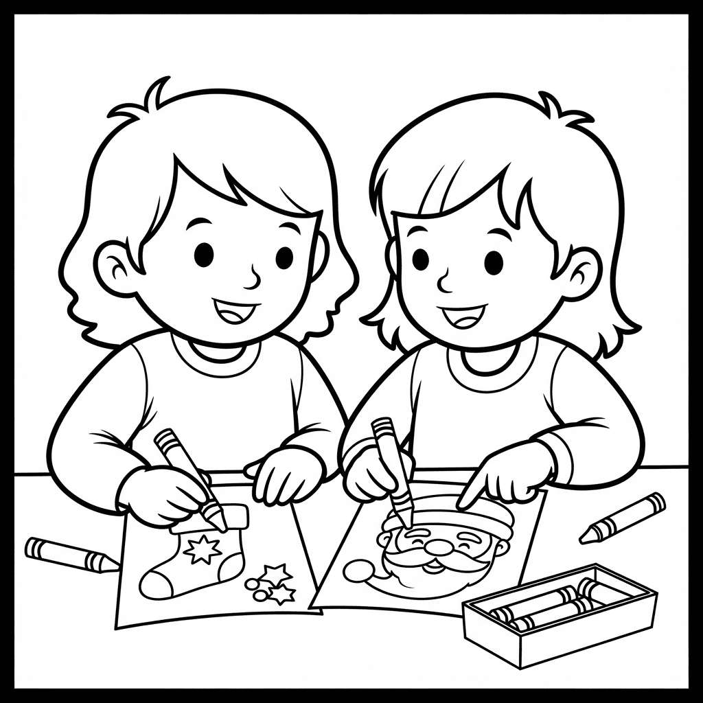 Line art sketch of two kids smiling as they color Christmas-themed pages together at a table.