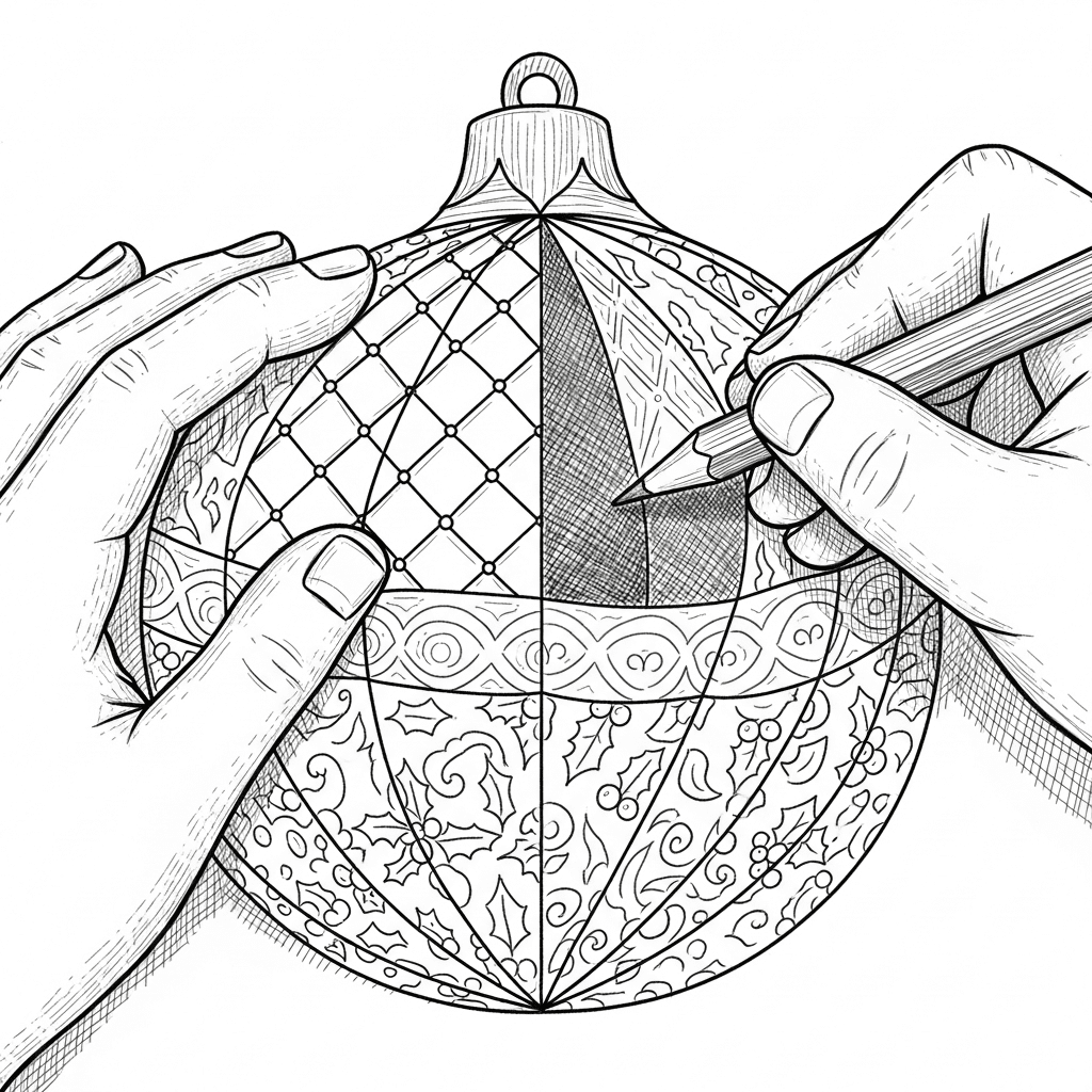 Close-up sketch of a child's hands coloring a detailed Christmas ornament with a pencil, showcasing focus.