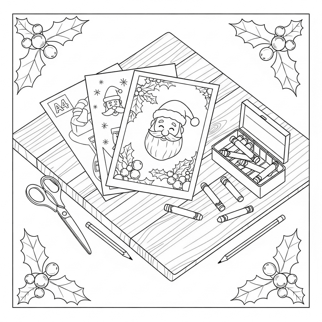 Top-view minimalist sketch of a cozy table with Christmas coloring pages, crayons, and art supplies.