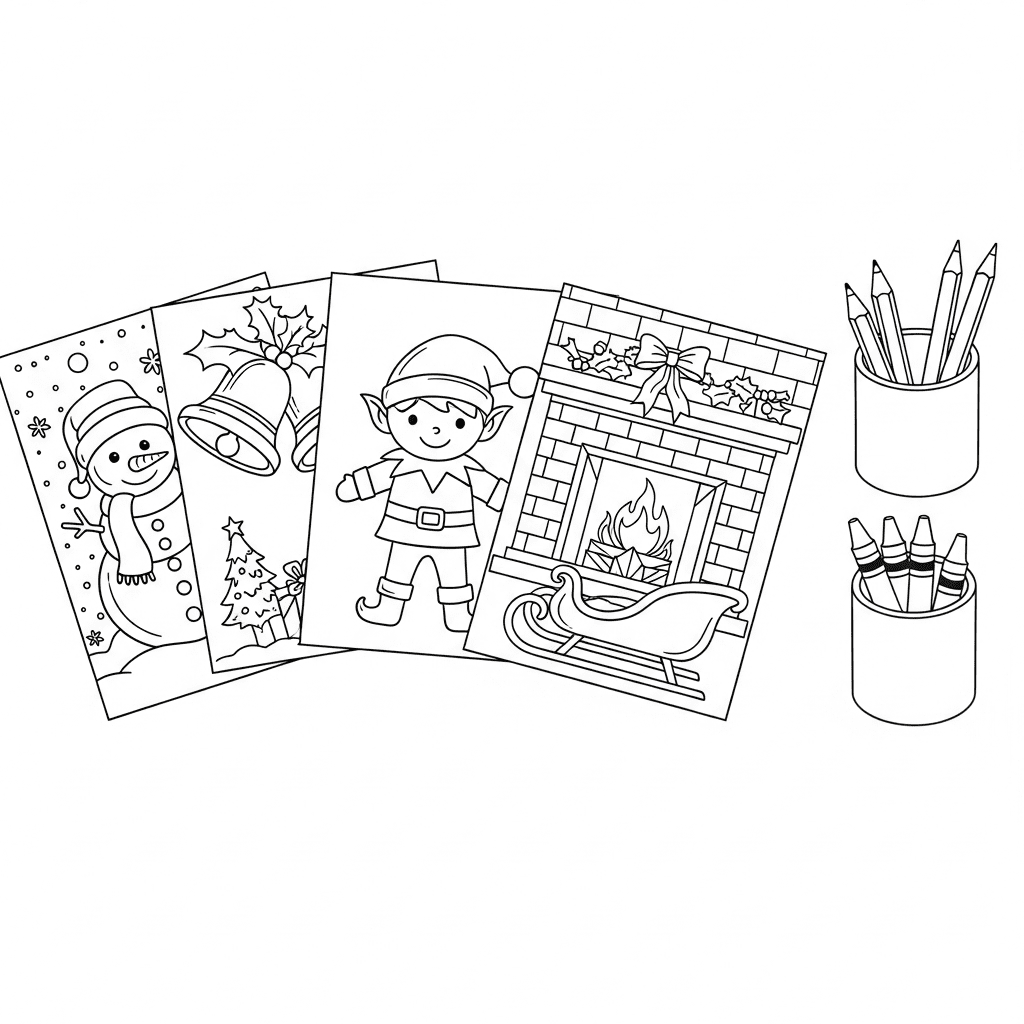 Angled sketch of multiple Christmas-themed coloring pages fanned out next to cups of crayons and pencils.