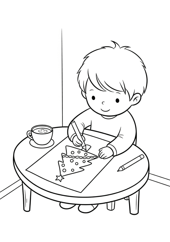 A child enjoys quiet coloring time at a cozy table with a Christmas tree drawing and a mug, in a simple black-and-white sketch for kids to color.