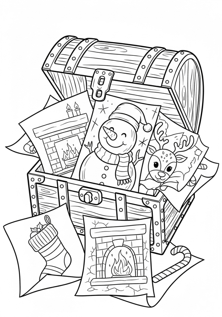A treasure box overflows with printable Christmas coloring page outlines like a snowman and reindeer, in a kid-friendly black-and-white sketch.