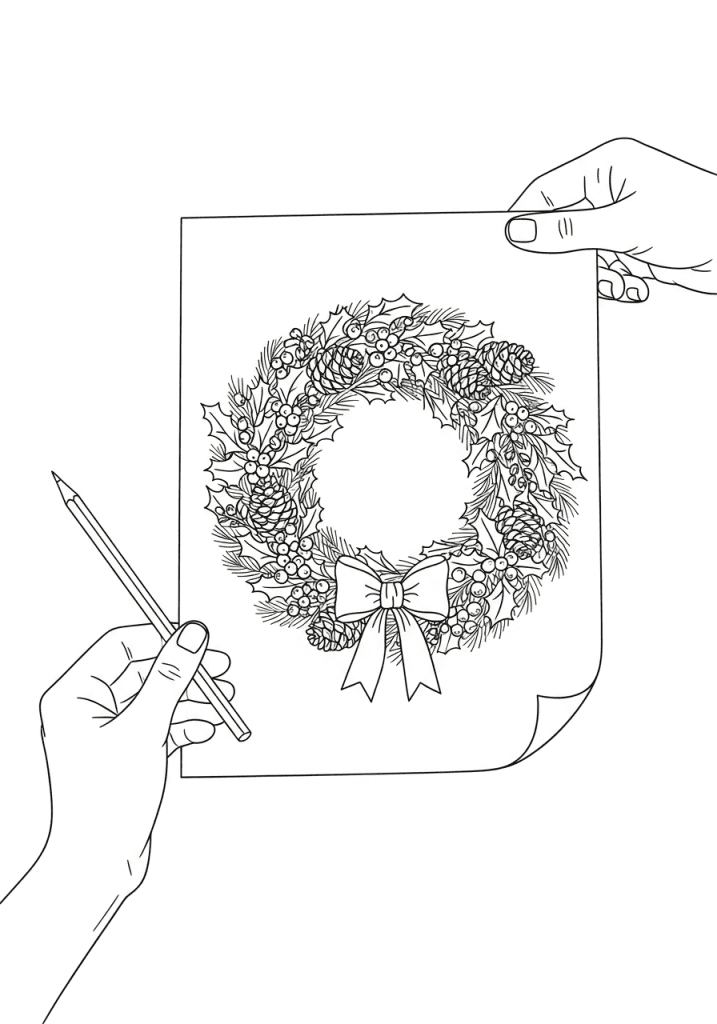 A hand offers a beautifully outlined Christmas wreath coloring page, a simple and inviting black-and-white sketch for children.